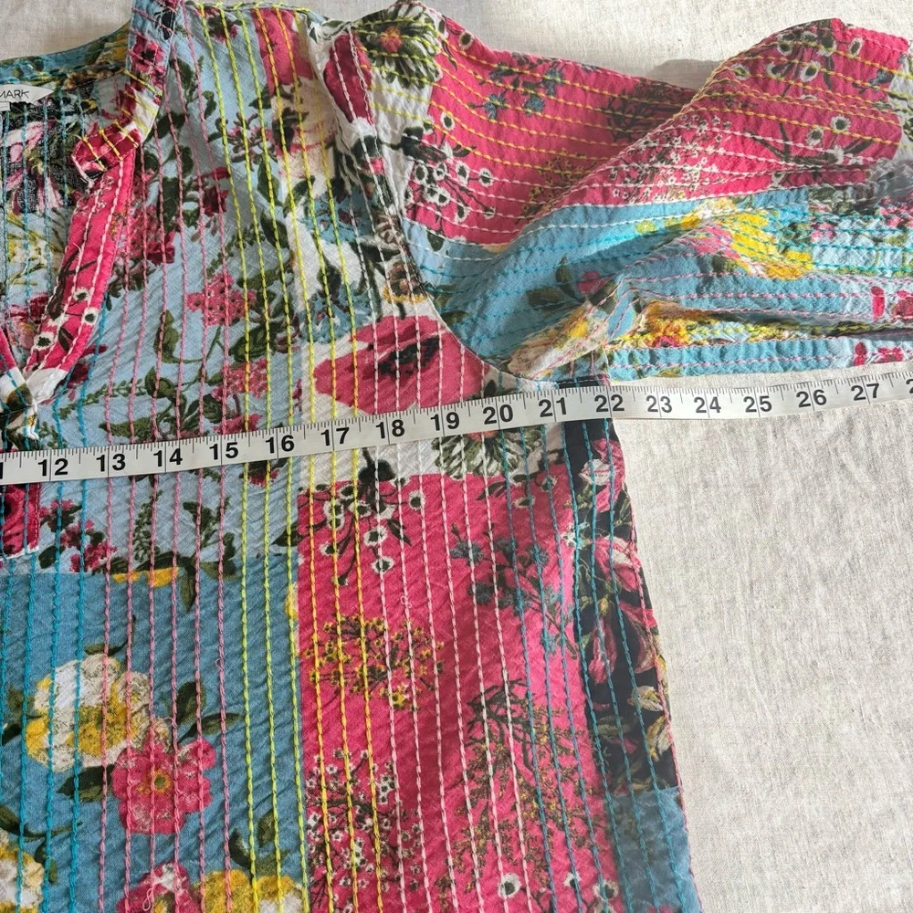 John Mark Multicolor patchwork kantha style Floral split neck 3/4 Sleeve Top - Picture 12 of 14